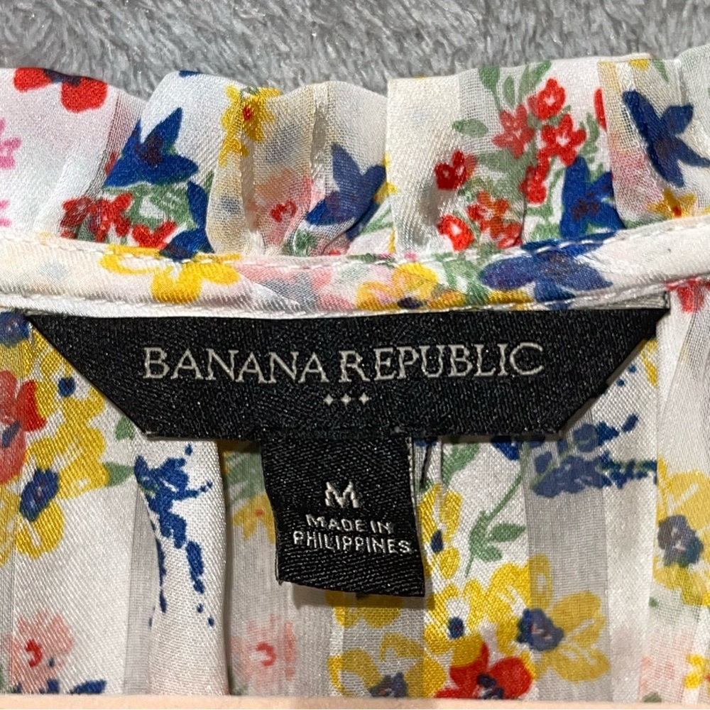Banana Replubic Floral Printed Sheer Pleated Cap Ruffle Sleeves Blouse Size M - Picture 7 of 10